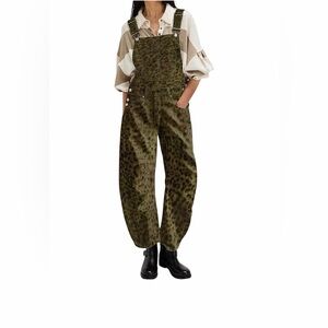 Olive Green Leopard Print Overalls